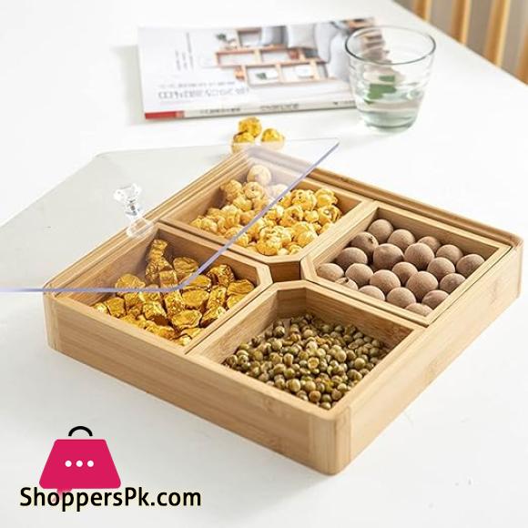 4 Compartments Bamboo Wooden Divided Serving Tray with Lid