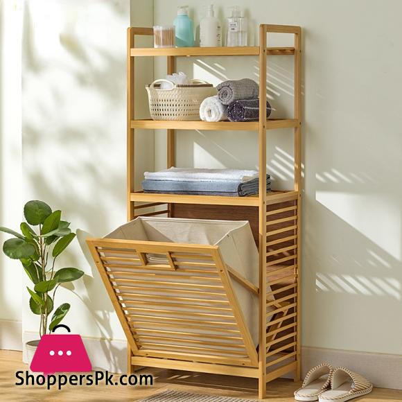 Bamboo 3-Tier Storage Rack Laundry Bsket Dirty Clothes Basket for Living Room Bedroom