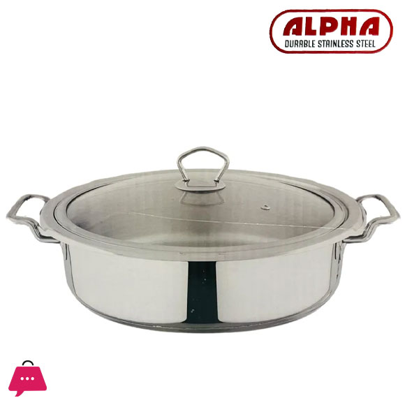 Alpha Stainless Steel Fish Pot Flat Karahi Encapsulated Bottom With Glass Lid