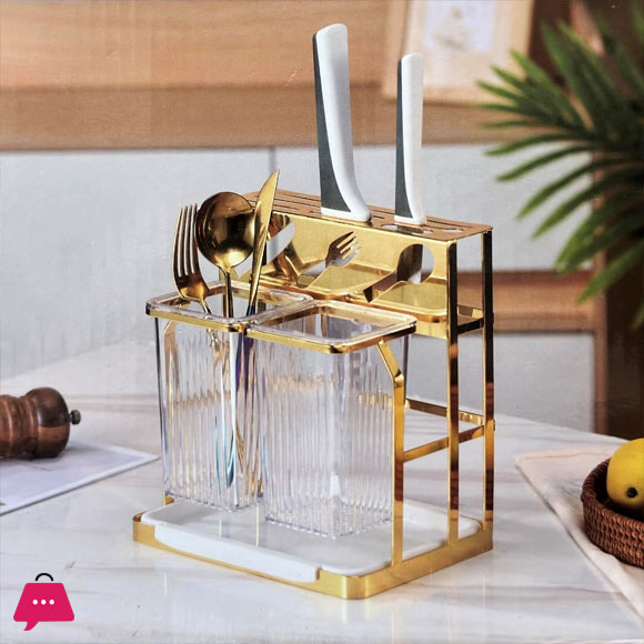 Stainless Steel ABS Plastic Clear + Gold Spoon and Fork Cutlery Holder