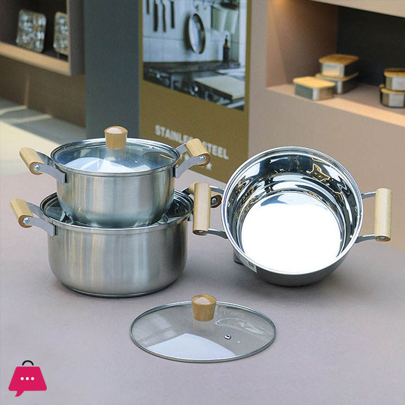 Stainless Steel Cooking Soup Pot Double Bottom with Wooden Handle - 20cm