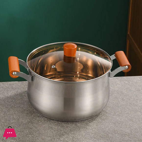 Stainless Steel Cooking Soup Pot Double Bottom with Wooden Handle - 20cm
