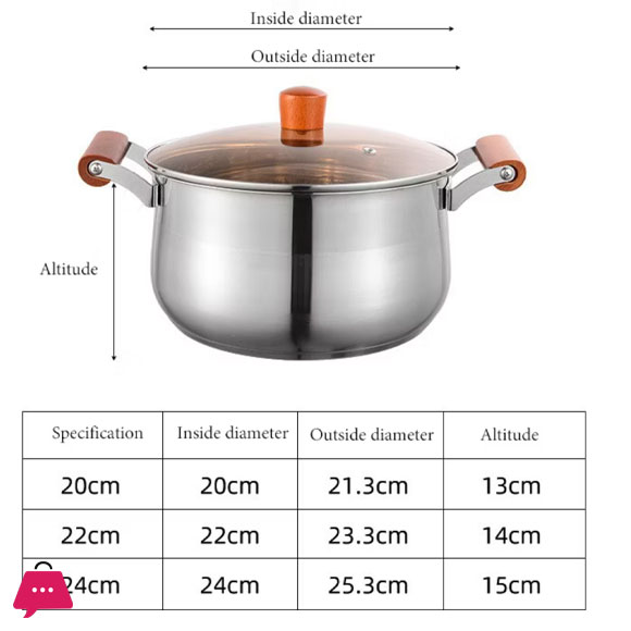 Stainless Steel Cooking Soup Pot Double Bottom with Wooden Handle - 20cm