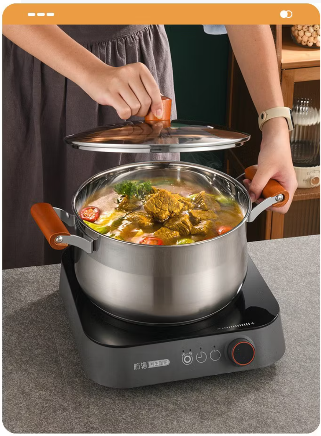 Stainless Steel Cooking Soup Pot Double Bottom with Wooden Handle - 20cm