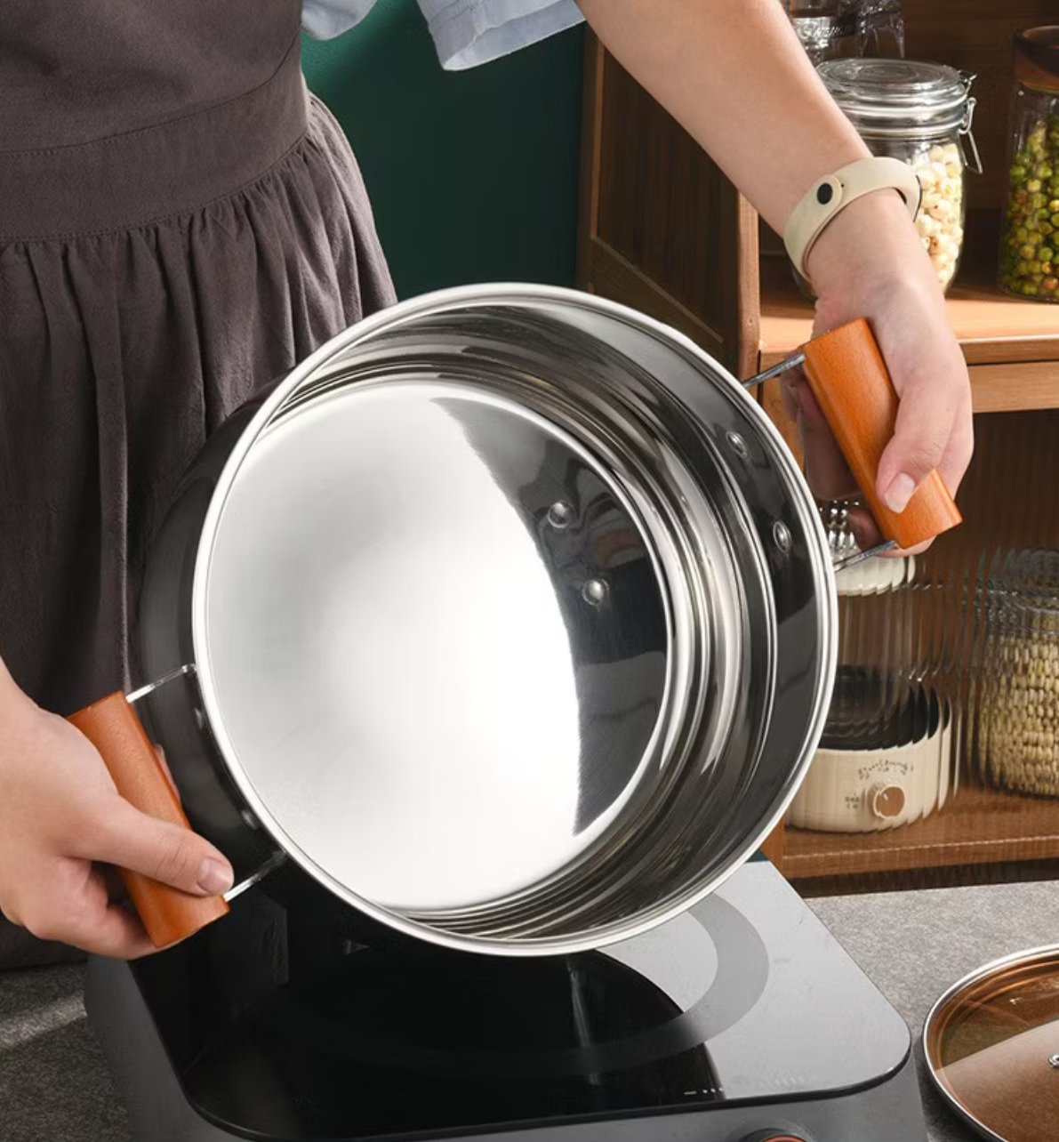 Stainless Steel Cooking Soup Pot Double Bottom with Wooden Handle - 20cm