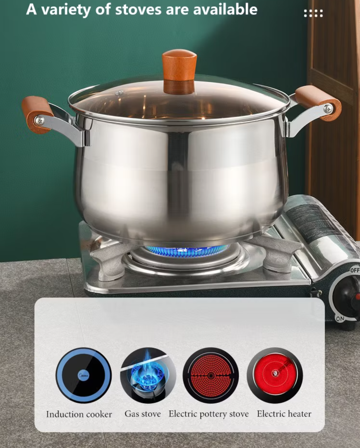 Stainless Steel Cooking Soup Pot Double Bottom with Wooden Handle - 20cm