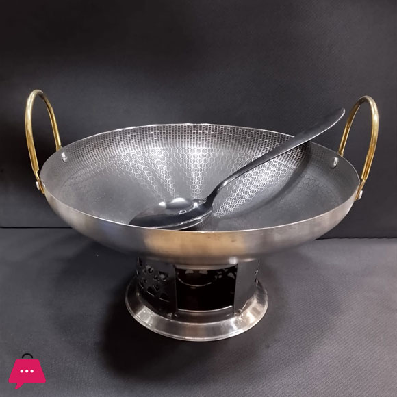 Stainless Steel Serving wok-Karahi with Burner Stand with Spoon Size 1-kg