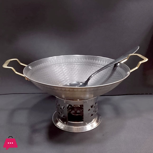 Stainless Steel Serving wok-Karahi with Burner Stand with Spoon Size 1-kg