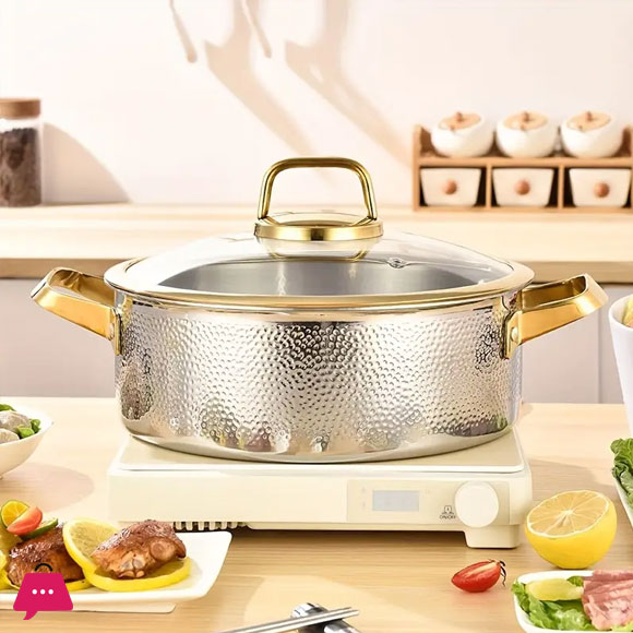 Three-Layer Stainless Steel Cooking Pot 304 Stainless Steel Soup Pot, with a Gold-Edged Glass Lid, Hand-Hammered Textured - 26CM