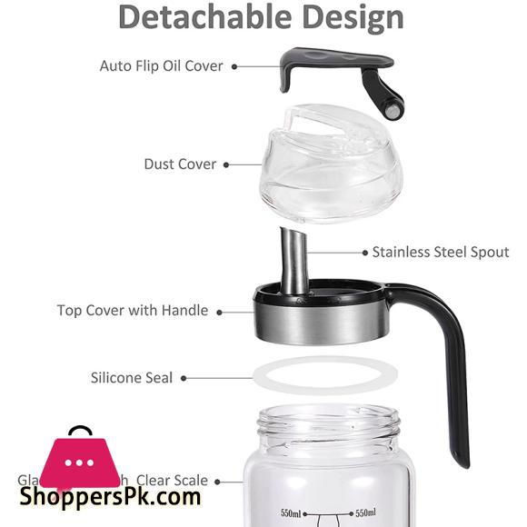 550ML Olive Oil Dispenser Bottle with Rubber Base - Glass Oil & Vinegar Cruet with No-drip Pourers, Easy Refill and Cleaning