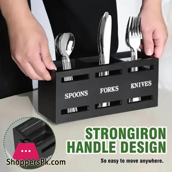 Spoon Caddy Wood Utensil Caddy with 3 Compartments Fork Spoon Holder