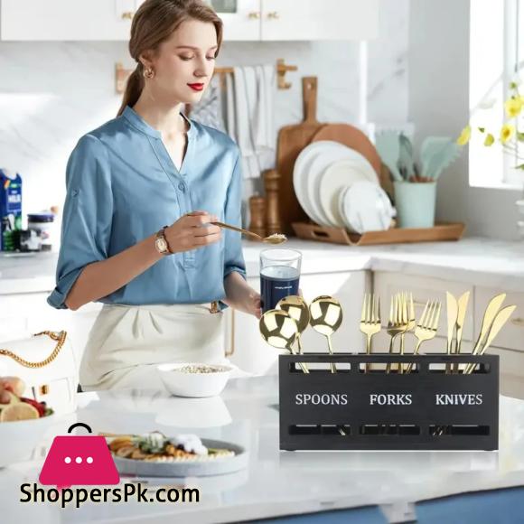 Spoon Caddy Wood Utensil Caddy with 3 Compartments Fork Spoon Holder