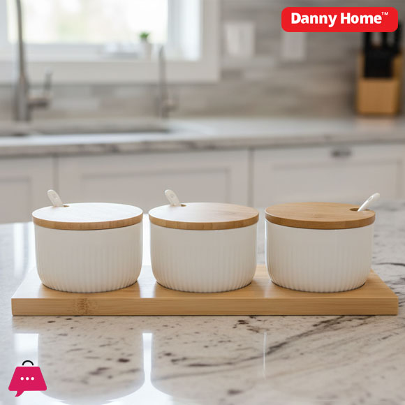 Danny Home Bamboo Tray & Ceramic Bowls with Spoons