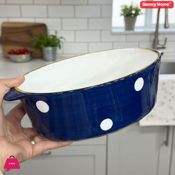 Danny Home Ceramic White Dot Design Blue & White Serving Dish - 10.5Inch