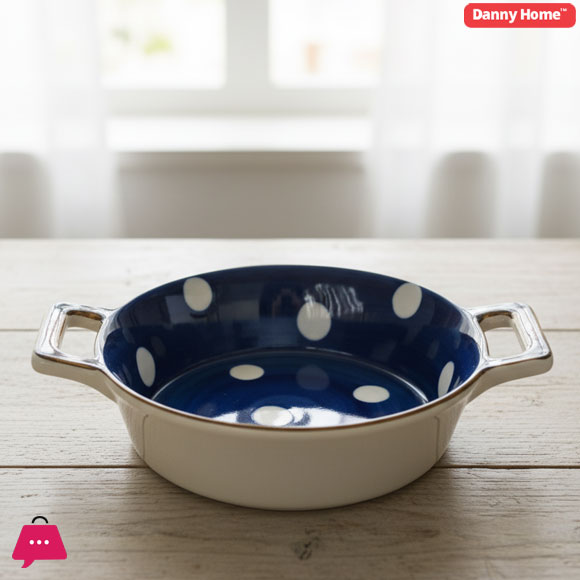 Danny Home Ceramic White Dot Design Blue & White Serving Dish - 7.75Inch