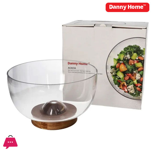 Danny Home Glass Salad Bowl With Wooden Base 23.5cm