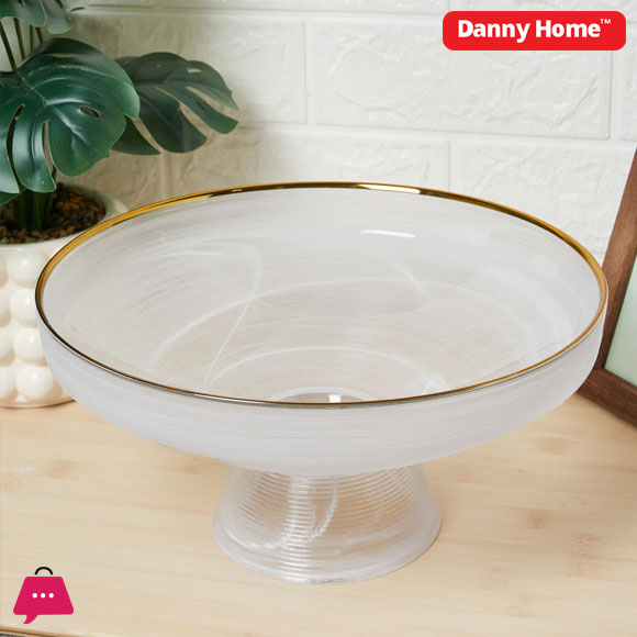 Danny Home White Alabaster Bowl With Stand With Gold Rim - 10inch