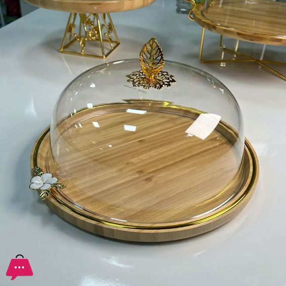 Fancy Cake Dome with Cover Bamboo Wooden Base