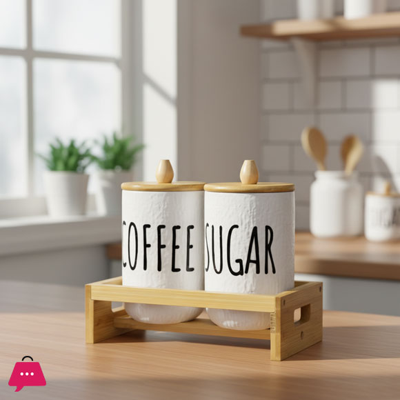 2-Piece Airtight Coffee & Sugar Ceramic Jar Set with Bamboo Rack - 1000g
