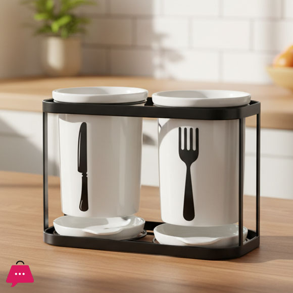 2-Piece Spoon Organizer with Metallic Rack & Water Drainage Premium Kitchen Spoon Holder