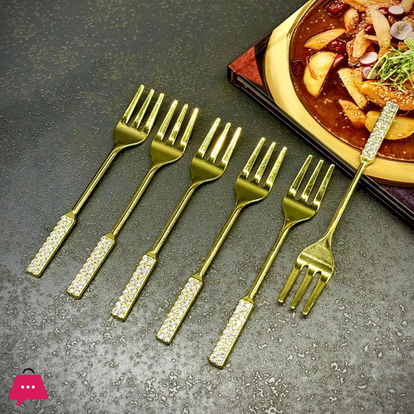Golden Fork Set Crystal Handle Design 6 Pcs
