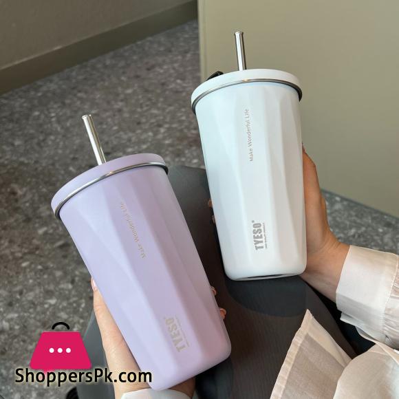 600ML Insulated Coffee Cup With Straw Stainless Steel Iced Coffee Mug Tea Cold Drink Bottle Diamond Shaped Thermos Mug Tumbler