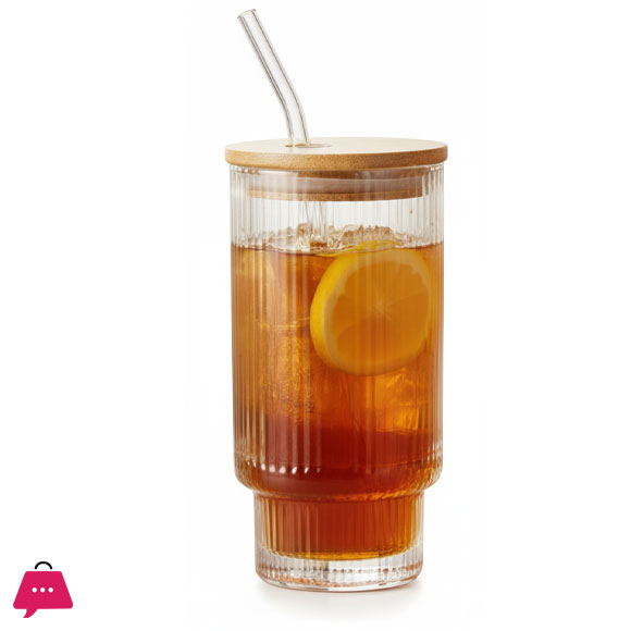 Ice Sip Drinking Glasses Cups Set with Bamboo Lids Straws Glassware for Mojito Iced Coffee Cocktail 4 Pattern