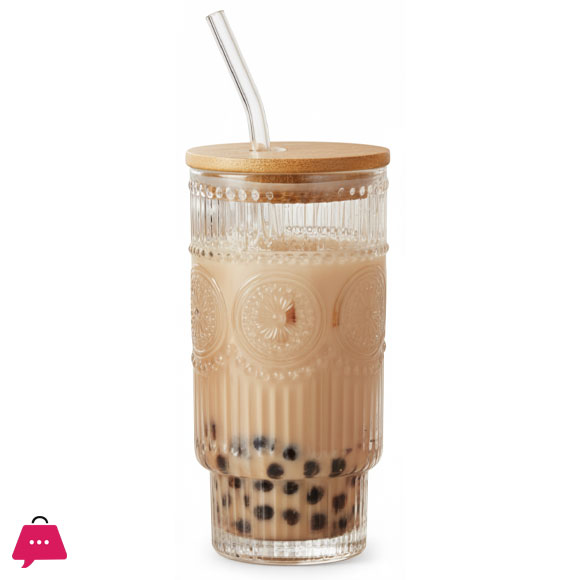 Ice Sip Drinking Glasses Cups Set with Bamboo Lids Straws Glassware for Mojito Iced Coffee Cocktail 4 Pattern