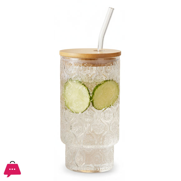 Ice Sip Drinking Glasses Cups Set with Bamboo Lids Straws Glassware for Mojito Iced Coffee Cocktail 4 Pattern