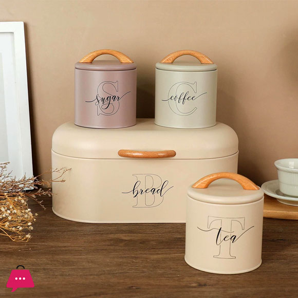 Bread Box With Sugar Coffee Tea Canisters Metal Pantry Countertop 4Pcs Set