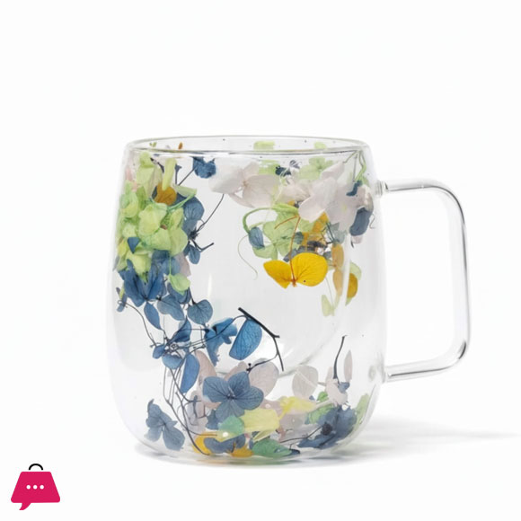 Double Wall Dried Flower Mug Aesthetic & Elegant Glass Mug - 400ml