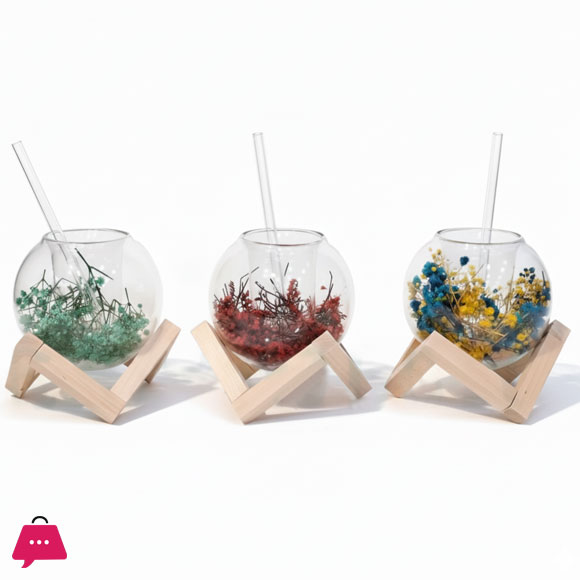 Globe Shape Iced Tea Glass with Wooden Stand Elegant & Aesthetic Drinkware - 250ml