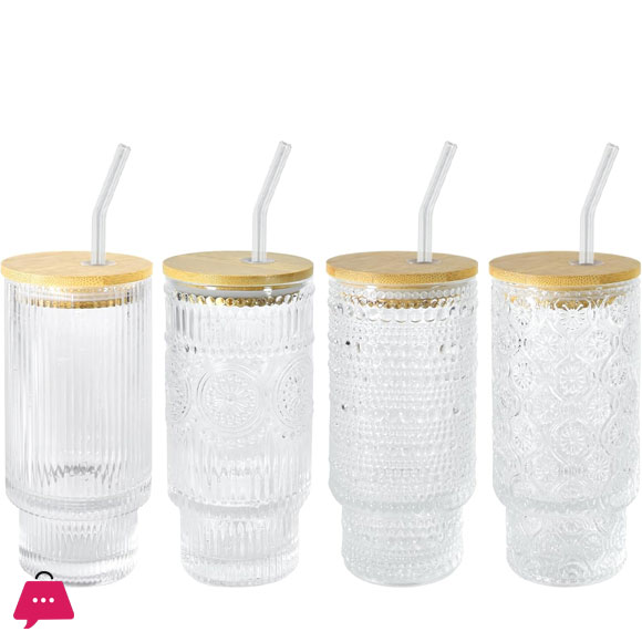 Ice Sip Drinking Glasses Cups Set with Bamboo Lids Straws Glassware for Mojito Iced Coffee Cocktail 4 Pattern