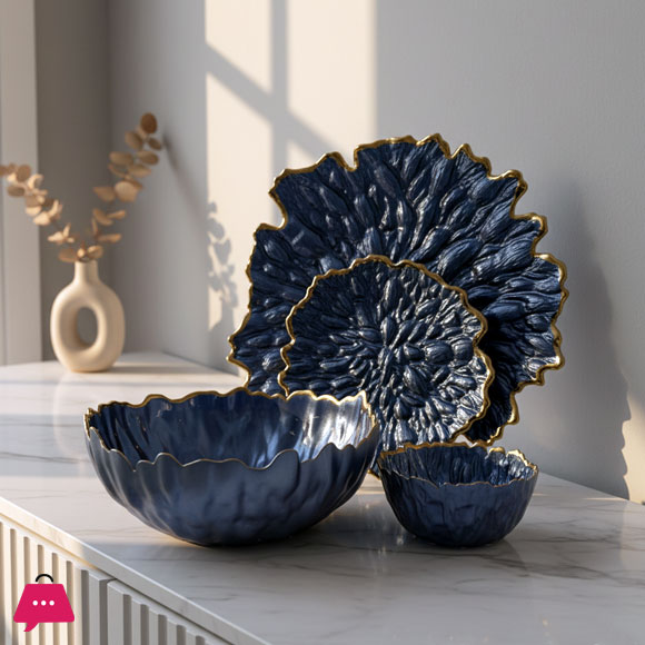 Luxury Gold Leaf Textured Fruit Bowl & Cake Set (14 Pieces)