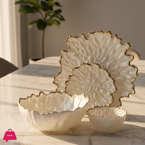 Luxury Gold Leaf Textured Fruit Bowl & Cake Set (14 Pieces)