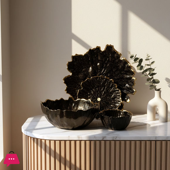 Luxury Gold Leaf Textured Fruit Bowl & Cake Set (14 Pieces)