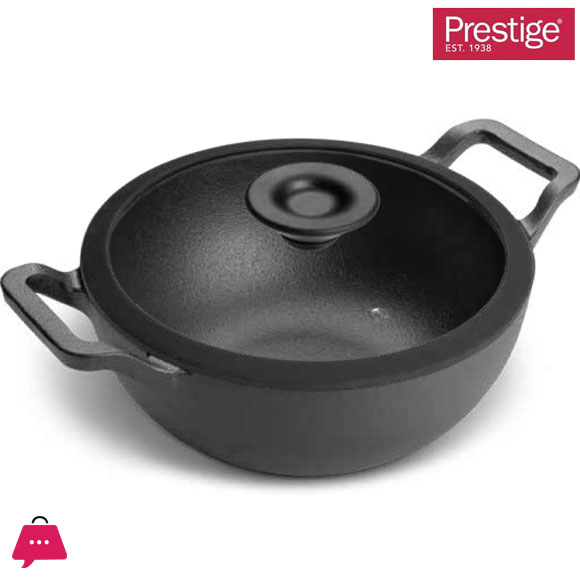 Prestige Cast Iron Wok Kadai 20 CM Iron Kadhai with Glass Lid for Cooking and Deep Frying Pre Seasoned Induction Cookware