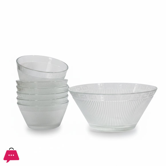 Glass Bowl Set 6+1 Pcs Striped Greek Pattern