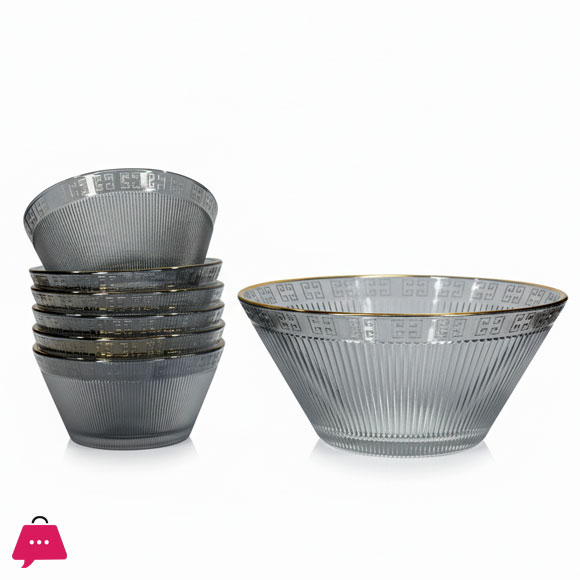 Glass Bowl Set 6+1 Pcs Striped Greek Pattern