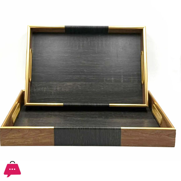 Acrylic Rectangular Wooden Textures Serving Tray with Gold Handles 2-Piece