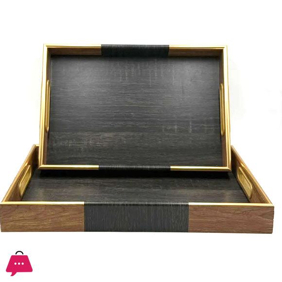 Acrylic Rectangular Wooden Textures Serving Tray with Gold Handles 2-Piece
