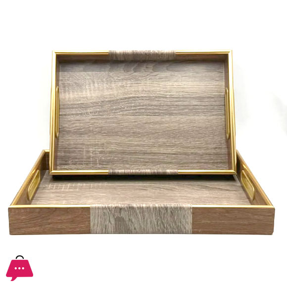 Acrylic Rectangular Wooden Textures Serving Tray with Gold Handles 2-Piece