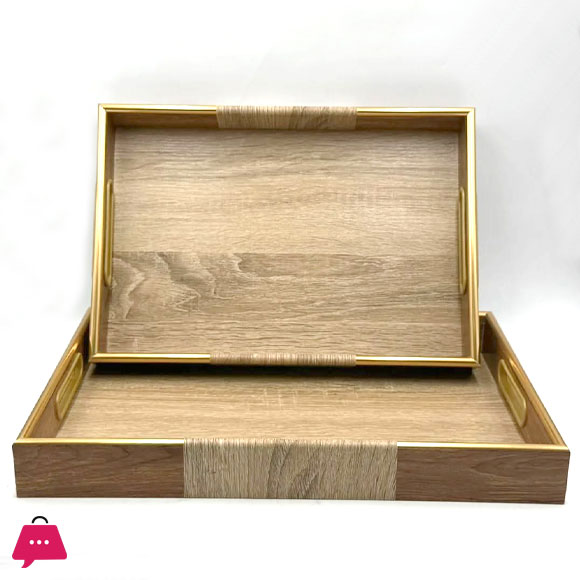 Acrylic Rectangular Wooden Textures Serving Tray with Gold Handles 2-Piece
