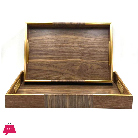 Acrylic Rectangular Wooden Textures Serving Tray with Gold Handles 2-Piece