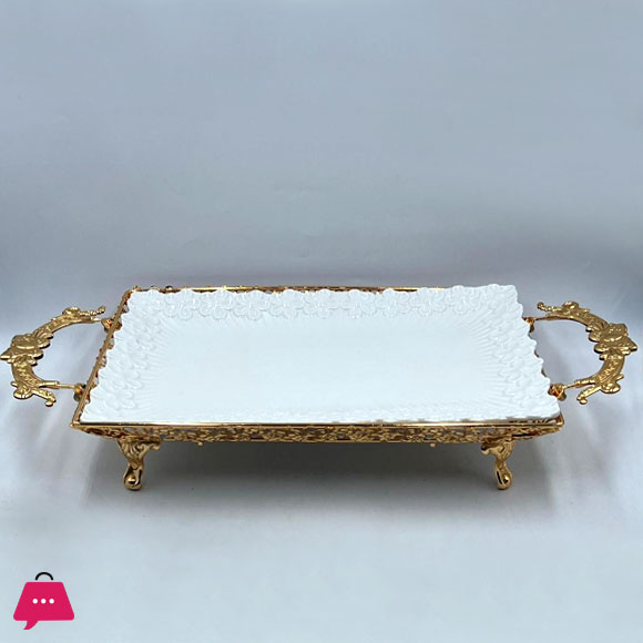 Elegant Golden Rectangular Serving Tray with Textured Porcelain Platter
