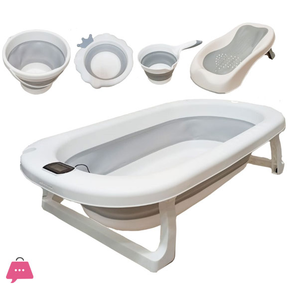 Newborn to Toddler Collapsible Baby Bath Tub Set with Bucket and Spoon 5 in 1