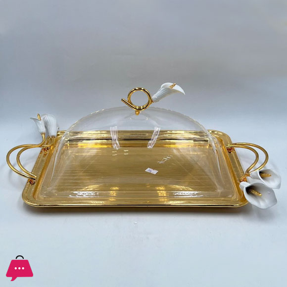 Orchid Flower Rectangle Serving Plate with Acrylic Lid and Ornate Gold Handles