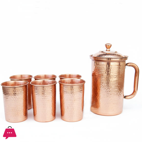Pure Copper Jug Set Hammered Design Premium Quality 2Ltr. jug 6 Glasses 400ml Glass