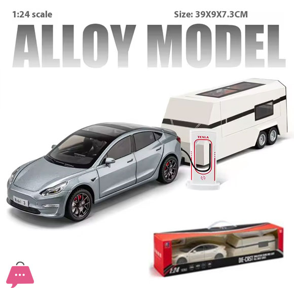 1:24 Scale Tesla Model 3 Trailer RV Model Childrens Toy Car With Sound and Light