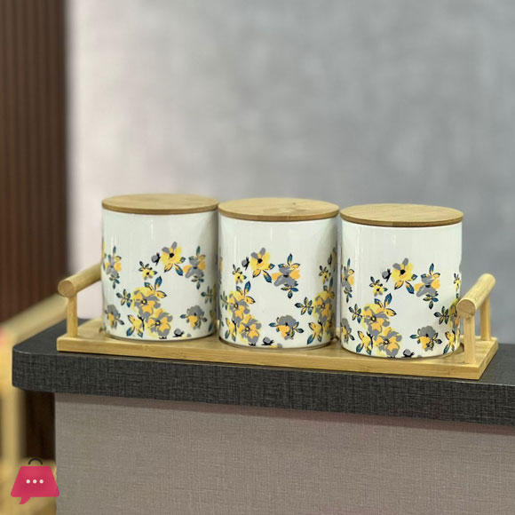 3-Pcs Ceramic Jar Set Bamboo Lid with Stand